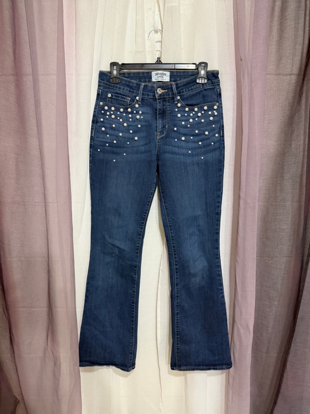 Women's Dark Blue Hand Embellished Pearl-Detail Bootcut Jeans